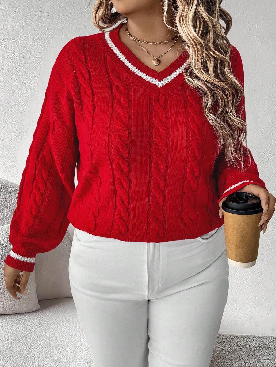 EMERY ROSE Plus Size Women Red & White Striped Knit Sweater, Casual Pullover Sweater Suitable For Christmas, Halloween, Back To School Season, Autumn/Winter