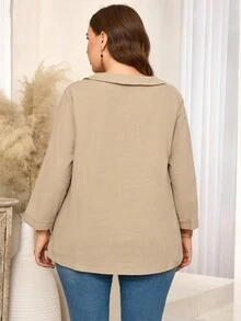 EMERY ROSE 大码女式纯色长袖休闲不对称领扣装饰衬衫 - 卡其色 - 查看 2