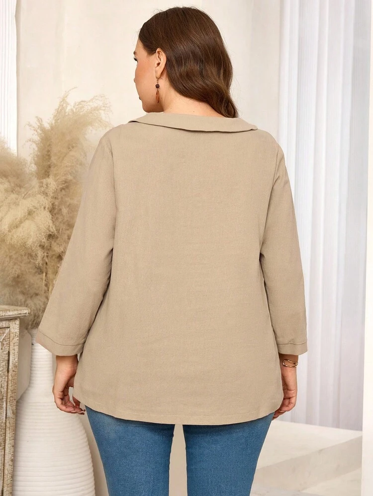 Plus Size Women's Solid Color Long Sleeve Casual Asymmetric Collar Button Decorated Shirt Plus Size Women Blouse, Autumn/Winter,2025 New