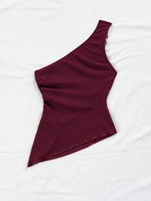 Soleia 女士夏季度假米色针织提花纹理单肩修身下摆开衩抽绳褶饰吊带背心，适合派对、约会、情人节、复活节、狂欢节、下午茶、海滩、游轮、城市度假 - 酒紅色 - 查看 2