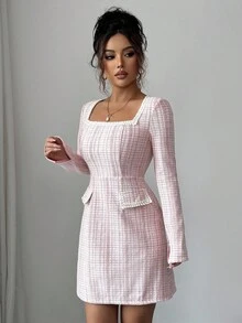 Rafferiza Autumn/Winter Pink Tweed Elastic Fitted Crew Neck Ruffle Trim Short Sleeve Sheath Dress - Pink - View 5
