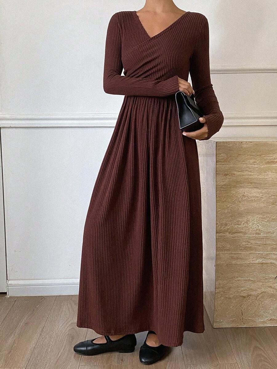 DAZY Vestido casual de mujer de unicolor con cuello en V cruzado, manga larga y plisado - Marrón - Ver 1