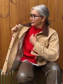 Livesso Áo khoác denim dài tay dáng rộng màu sắc rách rưới cho nữ - Màu Khaki - Xem 8