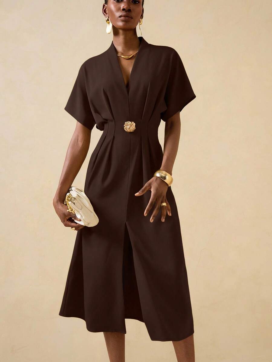 Vesra Women's Waist Cinched Metal Decor Button Short Sleeve Solid Color Split Hem Dress Chocolate Brown Dress - Coffee - View 1