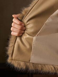 Anewsta Fashionable Faux Fur Women's Jacket, Fox Fur Dyed Pointed Collar Windproof Elegant Short Coat - Brown - View 8