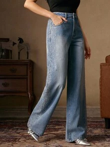 Anewsta Women's Rhinestone Embellished Blue Straight Leg Pants, Suitable For Christmas, Halloween, Dates, Autumn/Winter - Blue - View 1