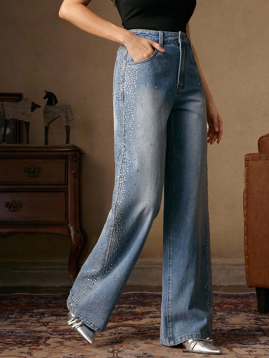 Anewsta Women's Rhinestone Embellished Blue Straight Leg Pants, Suitable For Christmas, Halloween, Dates, Autumn/Winter - Blue - View 1