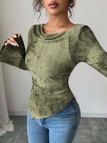 Elenzga Femmes Chemise Vintage Style Gothique à Manches Évasées, Col Drapé, Taille Resserrée par Cordon, Ourlet Asymétrique, Convient pour les Sorties, le Port Quotidien, Halloween, Automne - Multicolore - Voir 4