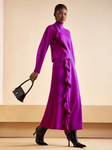 Zivah 2025 Autumn/Winter New Elegant Party, Daily, Date, Work Commute Refined Sexy Casual Long Sleeve Ruffle Trim Loose Purple Women Sweater 2pcs Set - A,Cozy Fall And Winter Clothes For Women
