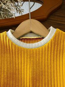 SHEIN 2pcs/Set Young Girl' Casual Contrast Color Patchwork Top And Pants With Slit Hem, Suitable For Spring, Autumn, Winter - Yellow - View 4