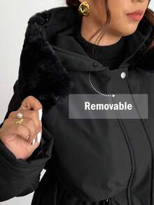 Firerie Manteau long rembourré à col amovible, doublure thermique super épaisse, pour le travail et les sorties, grande taille. Veste en coton à capuche, col en fourrure, manches longues, taille resserrée par cordon, poches en peluche, pour l'automne/l'hiver. - Noir - Voir 8