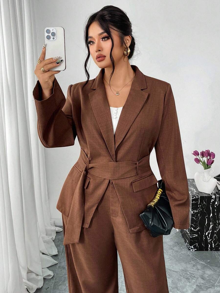 SHEIN Privé Plus Size Casual Commuter Solid Color Jacket And Pants Suit - Mocha Brown - View 1