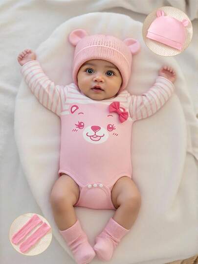 SHEIN 3件套女婴休闲百搭可爱甜美圆领长袖连体衣套装，粉色条纹小熊印花蝴蝶结图案，连体衣+小熊帽+袜子，女婴四季套装，女婴秋冬服装