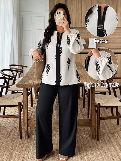 Weeklong Plus Size Women Floral Print Lantern Sleeve V-Neck Blouse And Pants Casual 2 Pieces Set, Random Print