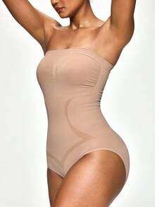 SHAPORA 女士无缝纯色抹胸紧身衣 - 杏色 - 查看 5