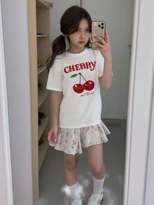女童 Y2K 休闲百搭樱桃水果印花短袖 T 恤 - 白色 - 查看 1