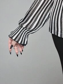 ROMWE Gothic Style Ruffle Trim Striped Blouse, School Inspired Plus Size Women Shirt - Black and White - View 4