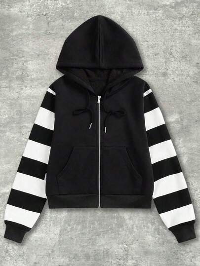 Y2Kool BiGraphic Y2K Stil schwarz-weiß gestreifter Punk Rock minimalistischer lässiger Kapuzenjacke für Frauen, geeignet für Herbst/Winter, Urlaub, Party, Alltag, schwarzer und weißer Reißverschluss Hoodie für Frauen, Reißverschluss Hoodie schwarz für Frauen, Reißverschluss Hoodie für Frauen, gestreifter Reißverschluss Hoodie, passende Idee grafischer Hoodie, stilvolle Bekleidungskollektion, Neujahroutfits