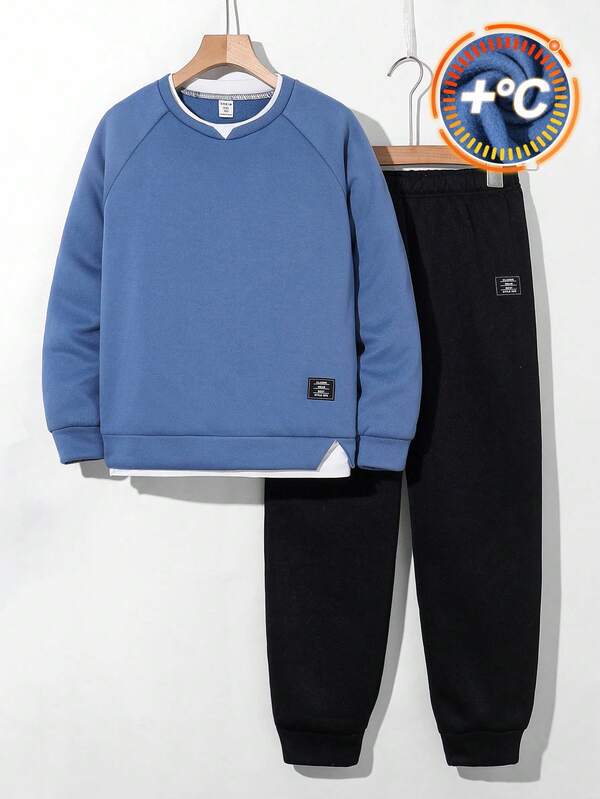 Sudadera holgada de punto de manga larga con cuello redondo, aplicación, empalme de color contrastante, cómoda y versátil para uso diario casual, adecuada para ir y venir, escuela, casual, viajes, deportes, otoño/invierno para niños preadolescentes