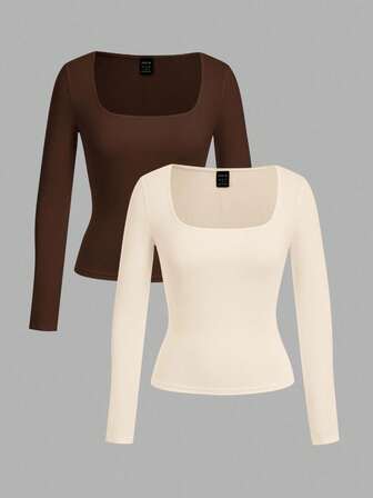 SHEIN EZwear 2 piezas Conjunto de body de mujer de talla grande de unicolor, camiseta de manga larga casual