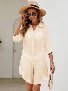 Swim Vcay Summer Beach Solid Button Front Curved Hem Kimono - Apricot - View 7