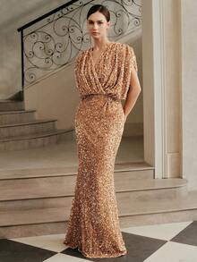 Anewsta Váy sequin cổ chữ V dành cho nữ, thanh lịch cho tiệc tùng, Giáng sinh, tiệc sinh nhật, váy dạ hội - Màu be - Xem 6