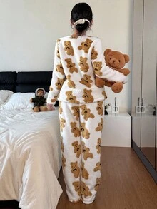 Snug Zone Casual Women Comfortable Bear Plush Sweatshirt And Pants Pajama Set Teddy Bear Pajama Set Animal Print Pajama Set Pajamas Teddy Bear Pajamas, Fall/Winter Clothes, Fluffy, Cozy - Multicolor - View 2