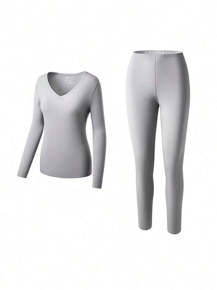 Conjunto de ropa interior térmica para mujer talla grande, ultra suave, capa base para clima frío, pijama de invierno cálido con top de cuello en V y pantalones largos - Conjunto gris oscuro ligero y cálido
