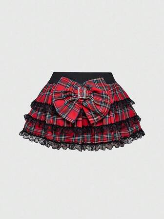 J-Fashion Falda de patinadora con lazo oversize, cintura baja y ribete de encaje a cuadros, estilo Harajuku Y2K para mujeres