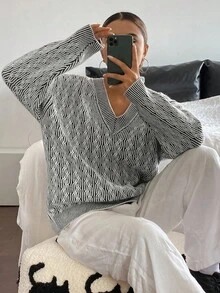 Livesso 女士宽松商务休闲几何图案纹理 V 领套头衫，适合秋冬办公室穿着 - 杏色 - 查看 1