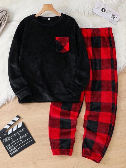 SHEIN Set de 2 piezas de sudadera de cuello redondo de manga larga y pantalón de pijama a cuadros de pierna entallada para adolescentes varones, estilo minimalista clásico que combina con todo, adecuado para Navidad, hogar, trayecto, escuela, uso diario casual, vacaciones, exterior, fiesta, otoño/invierno