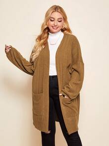 SHEIN LUNE Plus Size Solid Color Front Open Pocket Long Sleeve Jacket, Autumn/Winter - Coffee Brown - View 1