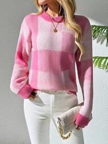 EMERY ROSE Suéter casual de cuello redondo de manga larga a cuadros para mujer, otoño/invierno - Rosa - Ver 5