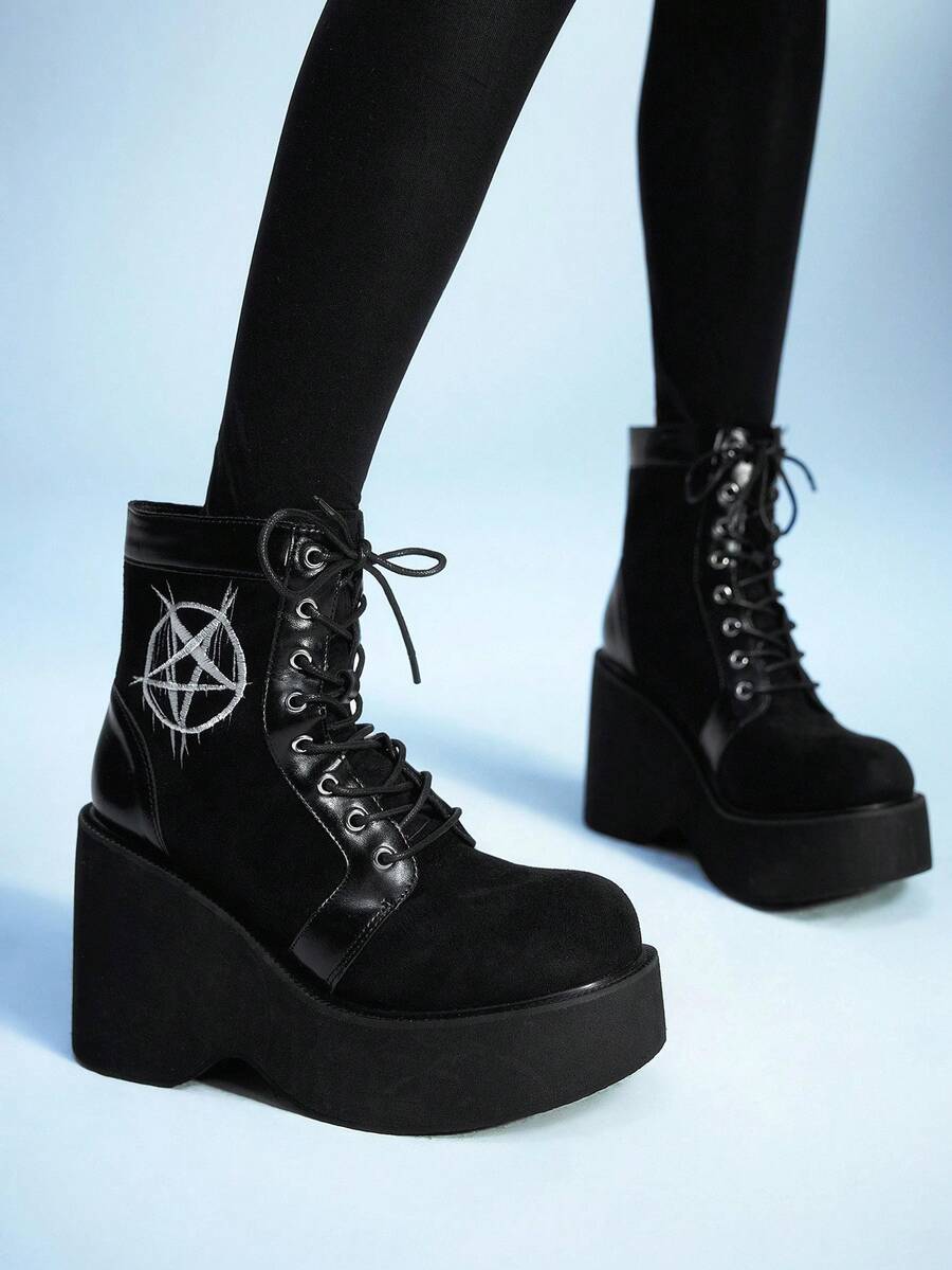 Sugerpunk Women's Casual Party Chunky Heel Ankle Boots, Gothic Punk Style Round Star Embroidery Lace-Up With Back Zipper, Black High Heel Thick Bottom Wedge Motorcycle Boots - Black - View 1