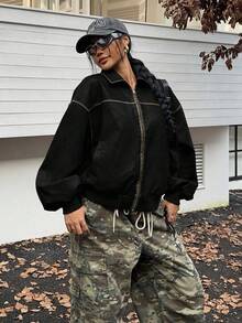 SHEIN EZwear 女式复古水洗 PU 皮革前拉链长袖休闲夹克，黑色秋冬女装 - 黑色 - 查看 3