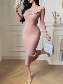 DAZY Elegant V-Neck Ruffle Trim Fitted Sweater Dress, Suitable As Undershirt Or Layering Piece With Coats, Autumn/Winter - Pink - View 3