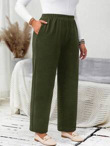 EMERY ROSE Plus Size Women's Casual Daily Black Long Pants With Pockets - Dark Green - View 4