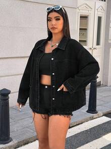 SHEIN ICON Veste en jean décontracté grande taille avec deux poches et fermeture éclair