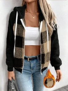 EMERY ROSE Women's Hooded Plaid Fleece Zip-Up Jacket, Casual Wear - Brown - View 1