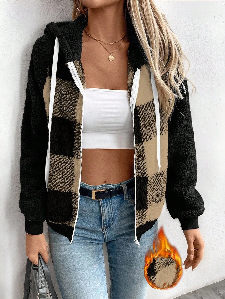 EMERY ROSE Women's Hooded Plaid Fleece Zip-Up Jacket, Casual Wear - Brown - View 1