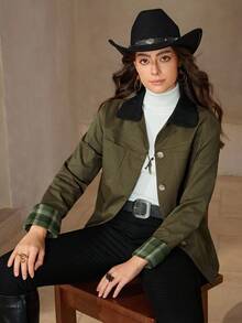 Wildy Women's Plaid Cuff Single-Breasted Casual Winter Jacket Going Out Tops