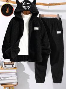 SHEIN Bộ 2 áo khoác hoodie thêu họa tiết thường ngày và quần jogger cho trẻ em/bé trai, thoải mái và đa năng - màu đen - Xem 1