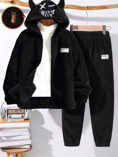 SHEIN Set de 2 piezas de chaqueta con capucha con gráfico bordado y pantalones jogger casuales para niños/preadolescentes, cómodo y versátil