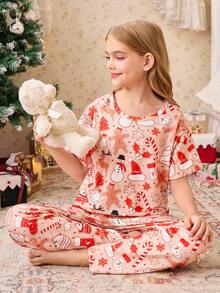 Tween Girl Halloween Funny Ghost & Pumpkin Print Flame Retardant Milk Silk Casual Pajama Set, For Christmas