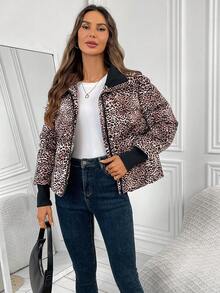 EMERY ROSE Veste d'hiver décontractée à fermeture éclair avec imprimé léopard pour femmes