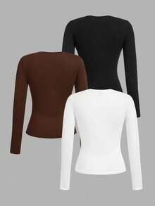 SHEIN EZwear 3 件套大码女式圆领休闲修身长袖 T 恤套装，纯色，适合秋冬季分层休闲穿着 - 彩色 - 查看 2