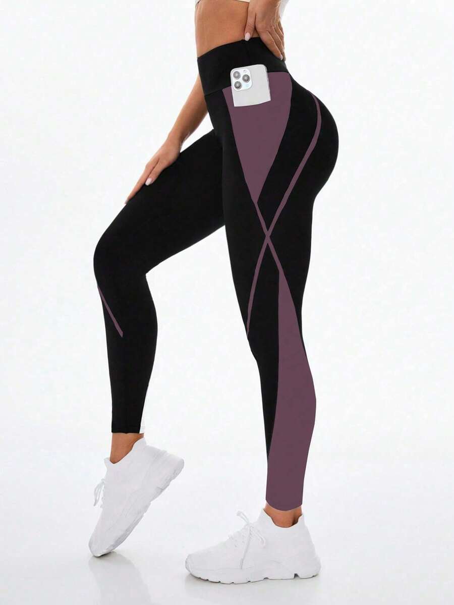 SHEIN Sports 女式高腰弹力撞色手机口袋运动紧身裤 - 彩色 - 查看 1