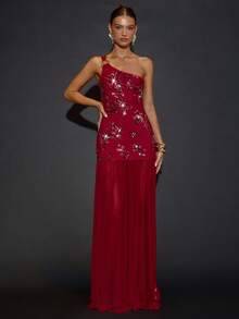 SHEIN BAE Váy dự tiệc cocktail mùa thu/đông thêu vai lệch vai đính sequin trang trí, váy thanh lịch, hẹn hò lãng mạn, tiệc tùng, tụ họp trang trọng, váy dự tiệc đêm, váy dự tiệc cưới, váy Halloween, váy Giáng sinh - Màu Đỏ Sâu - Xem 4