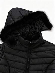 Maweii 加大码女式立领荷叶边拉链连帽棉服外套，适合冬季外出、雪季和通勤 - 黑色 - 查看 3