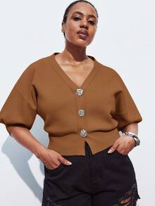 Maija Plus Size Women V-Neck Drop Shoulder Short Sleeve Casual Cropped Cardigan Knit Top, Versatile For Urban Commute, Business Casual, Elegant Outfit